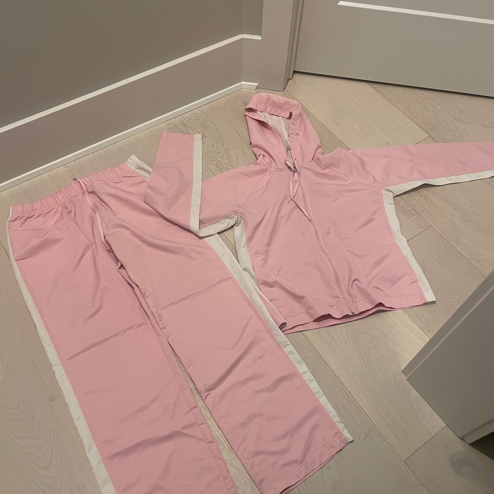 Lady Footlocker medium pink and white and light weight warm-up suit